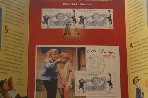 Astrid Lindgren; Gemeinschaftsausgabe D-S; Erinnerungsblatt; Gedenkblatt der Deutsche Post 2007