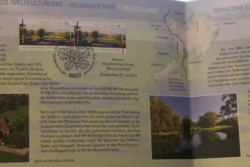 Muskauer Park Weltkulturerbe der UNESCO; Erinnerungsblatt; Gedenkblatt der Deutsche Post 2012