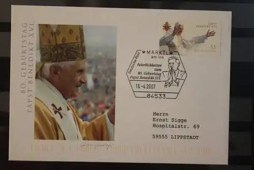 Deutschland 2007; 80. Geburtstag Papst Benedikt XVI., FDC; sehr seltener SST