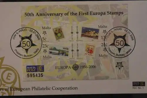 Malta 2006; 50 Jahre Europa-Marken CEPT, Block auf FDC