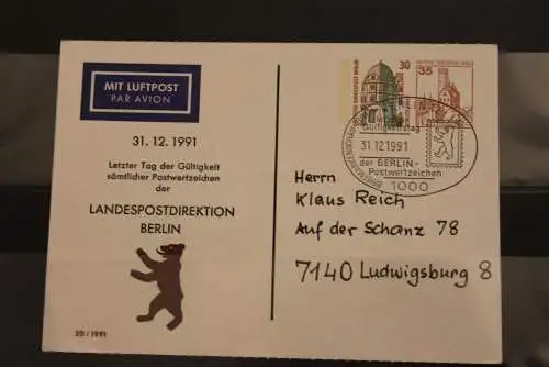 Berlin; Ganzsache mit Zudruck und Sonderstempel:Letzter Tag der Gültigkeit Berliner PWZ, 1991