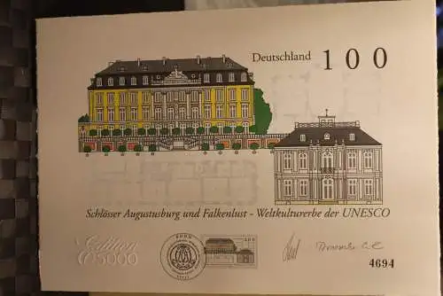 Deutschland 1997:UNESCO Welterbe Schlösser Augustusburg;Falkenlust,Briefmarkengraphik;MiNr. 1913,limitiert,nummeriert