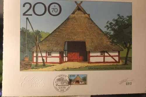 Deutschland 1995:Wohlfahrt:Bauernhäuser:Mecklenburgisches Bauernhaus,Briefmarkengraphik;MiNr. 1823,limitiert,nummeriert