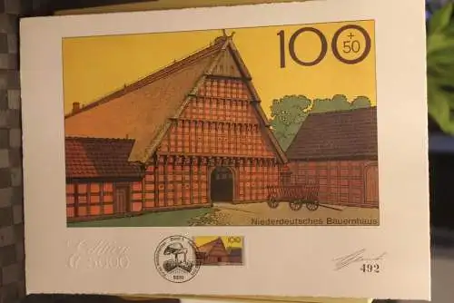 Deutschland 1995: Wohlfahrt:Bauernhäuser:Niederdeutsches Bauernhaus, Briefmarkengraphik; MiNr. 1821,limitiert,nummeriert