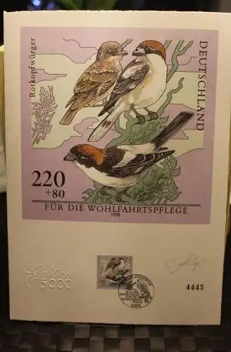 Deutschland 1998: Wohlfahrt:Bedrohte Vogelarten:Rotkopfwürger, Briefmarkengraphik; MiNr. 2019, limitiert,nummeriert