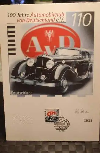 Deutschland 1999: 100 Jahre Automobilclub AvD; Briefmarkengraphik; MiNr. 2043, limitiert,nummeriert