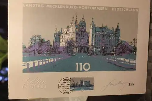 Deutschland 1999: Parlament Mecklenburg-Vorpommern; Briefmarkengraphik; MiNr. 2037, limitiert,nummeriert