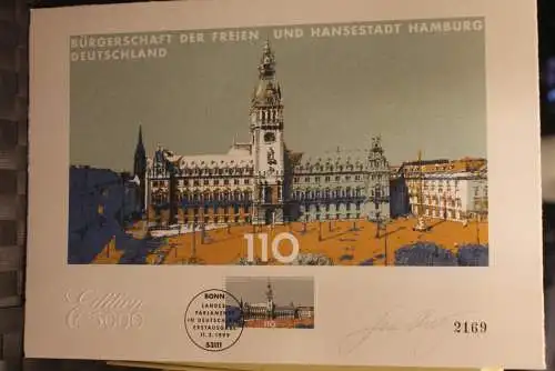Deutschland 1999: Parlament Hansestadt Hamburg; Briefmarkengraphik; MiNr. 2036, limitiert,nummeriert