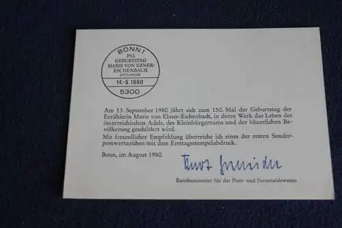 Ministerkarte zum Ausgabeanlaß: "Marie von Ebner-Eschenbach"; 14.8.1980; MiNr. 1057