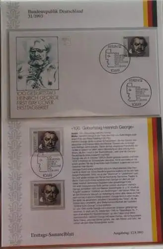 Deutschland  Ersttags-Sammelblatt 1993: 100. Geburtstag Heinrich George, MiNr. 1689