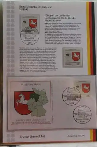 Deutschland  Ersttags-Sammelblatt 1993: Wappen der Länder: Niedersachsen, MiNr. 1662