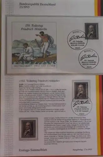 Deutschland  Ersttags-Sammelblatt 1993: 150. Todestag Friedrich Hölderlin,  MiNr. 1681
