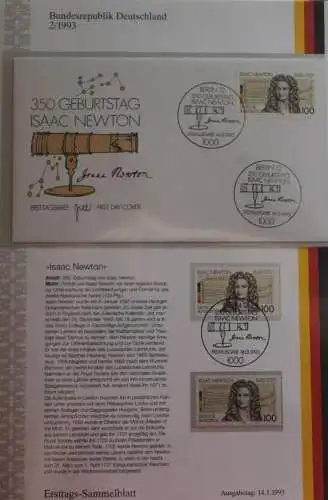 Deutschland  Ersttags-Sammelblatt 1993: Isaac Newton;  MiNr. 1646