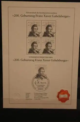 Deutschland 1989, Schwarzdruck: Franz Xaver Gabelsberger, Stenografie; ESST, nummeriert, limitiert, MiNr 1423