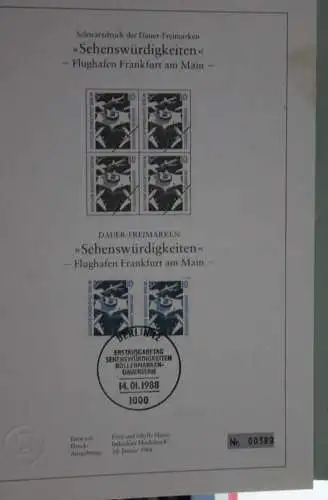 Deutschland 1988, Schwarzdruck: Sehenswürdigkeiten: Flughafen Frankfurt; ESST, nummeriert, limitiert, lesen