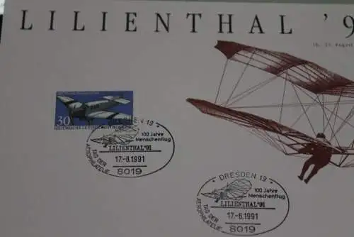 Erinnerungskarte,Ausstellungskarte:Lilienthal '91 Dresden; SST Aerophilatelie Dresden