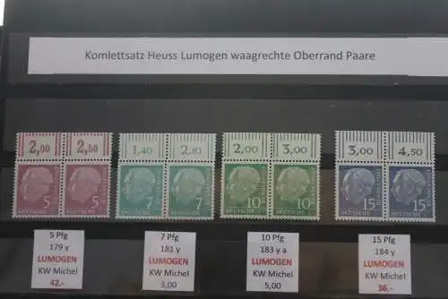 Deutschland, Heuss lumogen; MiNr. 179y-260y, 8 Paare, kompl. Satz, Oberrandstücke, lesen, MNH