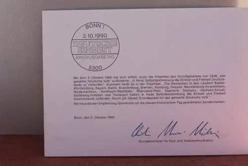 Ministerkarte zum Ausgabeanlaß:  "Deutsche Einheit", 3. Okt. 1990;  MiNr. 1477-78