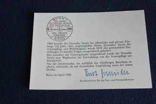 Ministerkarte zum Ausgabeanlaß: "Fürsorge"; 10.4.1980; MiNr. 1044