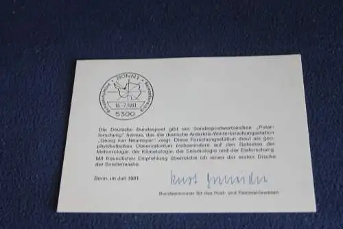 Ministerkarte zum Ausgabeanlaß: "Polarforschung"; 16.7.1981; MiNr. 1100