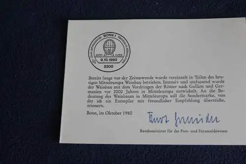 Ministerkarte zum Ausgabeanlaß: "Weinbau"; 9.10.1980; MiNr. 1063