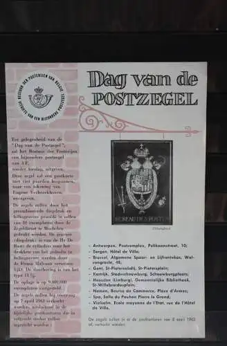 Belgien 1963; Ankündigungsblatt mit Schwarzdruck und Marke und ESST: Tag der Briefmarke, Fläm.  Ausg.