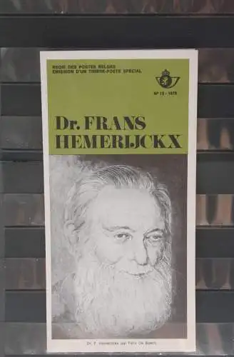 Belgien 1975; Ankündigungsblatt mit Schwarzdruck und Marke und ESST: Dr. Frans Hemerijckx, Franz.  Ausg.