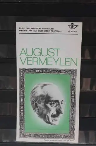 Belgien 1972; Ankündigungsblatt mit Schwarzdruck und Marke und ESST: August Vermeylen, Fläm.  Ausg.