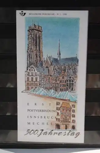 Belgien 1990; Ankündigungsblatt mit Schwarzdruck und Marke und ESST: 500 Jahre Europäische Postrouten, Deutsche  Ausg.