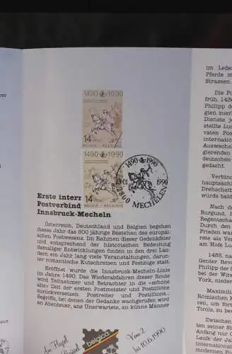 Belgien 1990; Ankündigungsblatt mit Schwarzdruck und Marke und ESST: 500 Jahre Europäische Postrouten, Deutsche  Ausg.