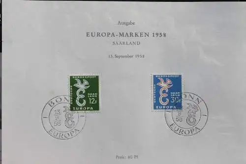 Saarland, ETB Ersttagsblatt EUROPA-Marken 1958, MiNr. 439-40, ESST Bonn, selten