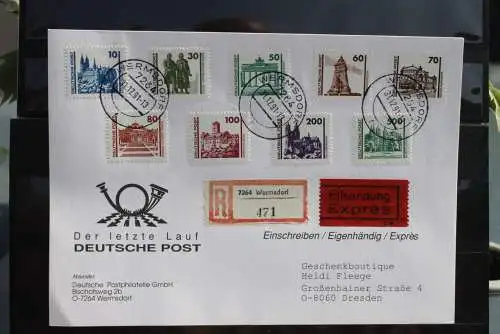DDR Freimarken: Bauwerke und Denkmäler MiNr. 3344-52 auf Letzttagsbrief 31.12 1991