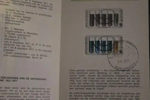 Belgien 1971; Ankündigungsblatt mit Schwarzdruck und Marke und ESST: Entdeckung des Insulin, Fläm.  Ausg.