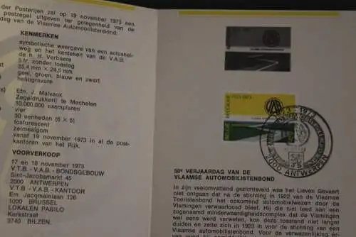 Belgien 1973; Ankündigungsblatt mit Schwarzdruck und Marke und ESST: VAB, Fläm.  Ausg.