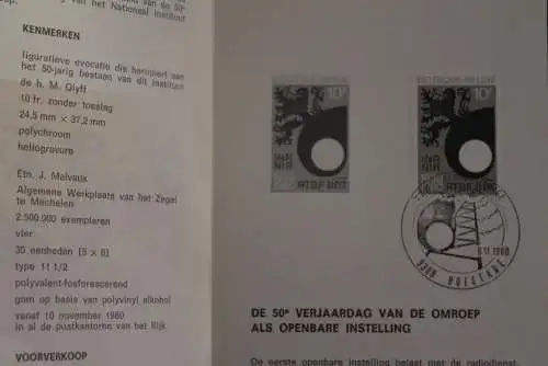 Belgien 1977; Ankündigungsblatt mit Schwarzdruck und Marke und ESST: Mars und Merkur; Franz.  Ausg.
