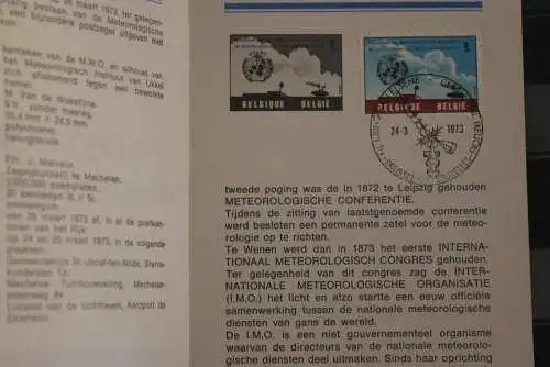 Belgien 1973; Ankündigungsblatt mit Schwarzdruck und Marke und ESST: Meteorl. Wereldorganisatie; Fläm.  Ausg.