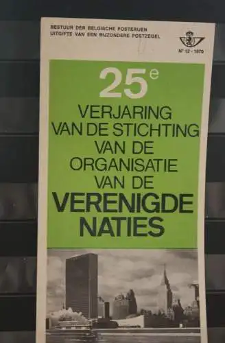 Belgien 1970; Ankündigungsblatt mit Schwarzdruck und Marke und ESST: Vereinte Nationen; Fläm.  Ausg.