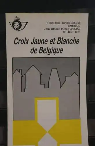 Belgien 1987; Ankündigungsblatt mit Schwarzdruck und Marke und ESST: Gelbweisses Kreuz; Franz.  Ausg.