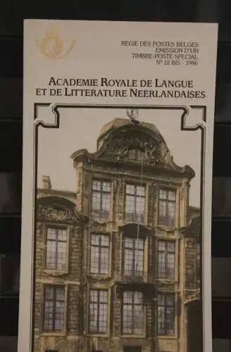 Belgien 1986; Ankündigungsblatt mit Schwarzdruck und Marke und ESST: Königl. Akademie für Sprache, Franz.  Ausg.