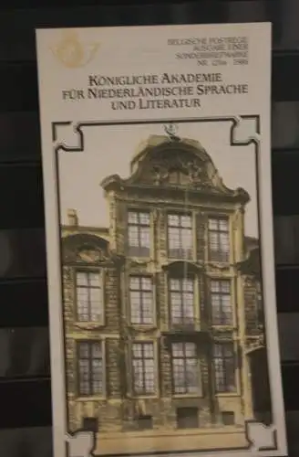 Belgien 1986; Ankündigungsblatt mit Schwarzdruck und Marke und ESST: Königl. Akademie für Sprache, Deutsche  Ausg.