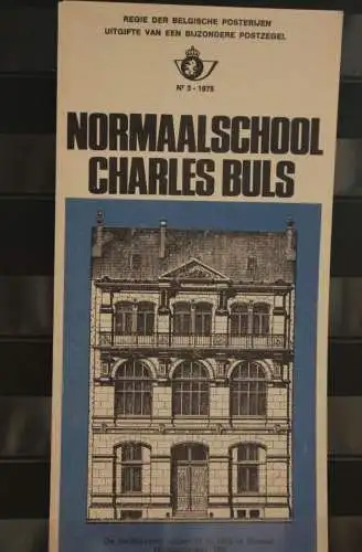 Belgien 1975; Ankündigungsblatt mit Schwarzdruck und Marke und ESST: Normalschule Charles Buls, Fläm. Ausg.