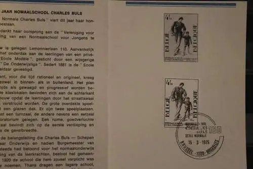 Belgien 1975; Ankündigungsblatt mit Schwarzdruck und Marke und ESST: Normalschule Charles Buls, Fläm. Ausg.