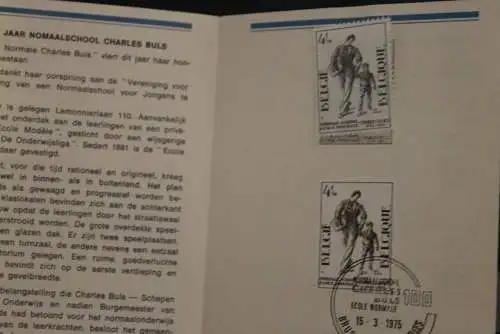 Belgien 1975; Ankündigungsblatt mit Schwarzdruck und Marke und ESST: Normalschule Charles Buls, Fläm. Ausg.