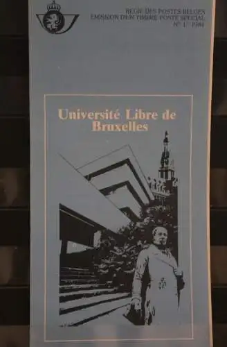 Belgien 1984; Ankündigungsblatt mit Schwarzdruck und Marke und ESST: Universitätsbibliothek Brüssel, Franz.  Ausg.