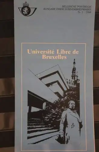 Belgien 1984; Ankündigungsblatt mit Schwarzdruck und Marke und ESST: Universitätsbibliothek Brüssel, Deutsche  Ausg.