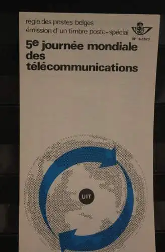 Belgien 1973; Ankündigungsblatt mit Schwarzdruck und Marke und ESST: UIT Welttag Telecommunikation, Franz. Ausg.