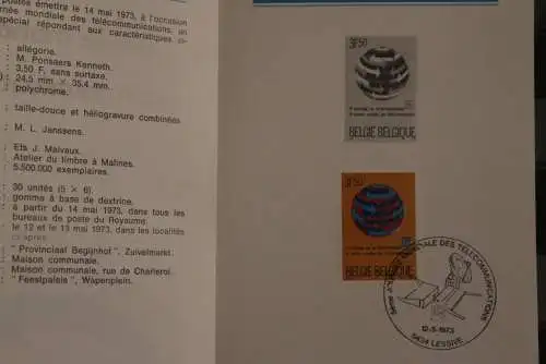Belgien 1973; Ankündigungsblatt mit Schwarzdruck und Marke und ESST: UIT Welttag Telecommunikation, Franz. Ausg.