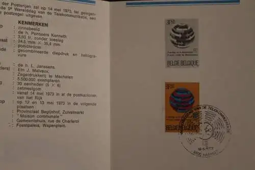 Belgien 1973; Ankündigungsblatt mit Schwarzdruck und Marke und ESST: UIT Welttag Telecommunikation, Fläm. Ausg.