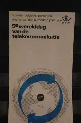 Belgien 1973; Ankündigungsblatt mit Schwarzdruck und Marke und ESST: UIT Welttag Telecommunikation, Fläm. Ausg.