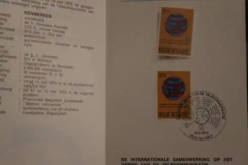 Belgien 1973; Ankündigungsblatt mit Schwarzdruck und Marke und ESST: UIT Welttag Telecommunikation, Fläm. Ausg.